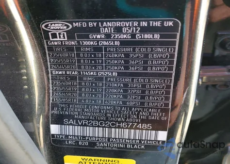 2012 Land Rover Range Rover Evoque Pure Premium z USA, uszkodzony, nr VIN SALVR2BG2CH677485